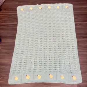 Handmade Light Blue Crocheted Baby Blanket With Ducks 34 x 35 Inches